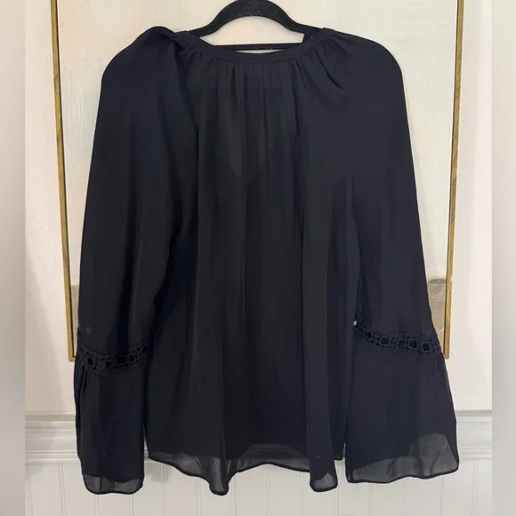 RAMY BROOK Embroidered Split Neck Blouse Black Silk Flowy Sleeve Size Sm - Picture 5 of 6